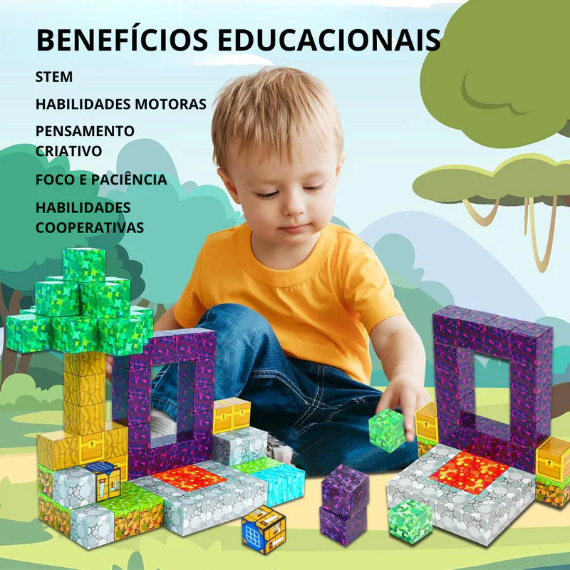 Portal do Nether Minecraft - 40 Blocos Magnéticos (+5 Bonecos Grátis)