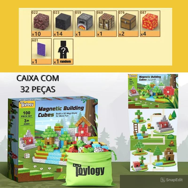 Portal do Nether Minecraft - 40 Blocos Magnéticos (+5 Bonecos Grátis)